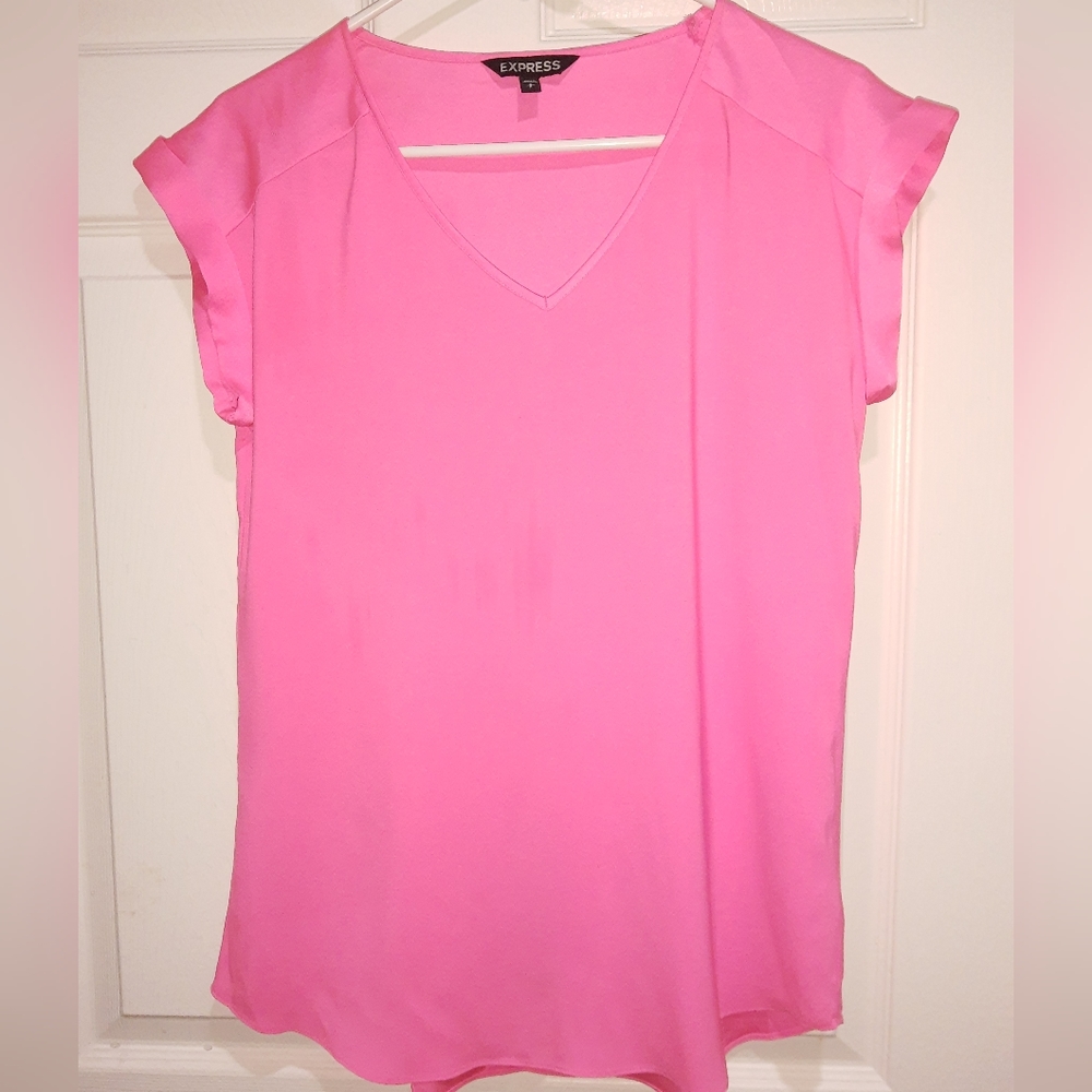 Express Hot Pink Silky Folded Cuff Short Sleeve V-Neck Dress Tee